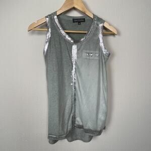 Flora Ashley‎ XS Olive Green Tank Top Painted Trim High Low Mixed Media